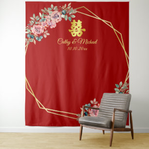Tenture Couronne fleurie or rouge mariage chinois arrière-