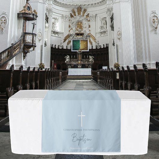 Tenture Couvre-table pour baptême garçon bleu Croix