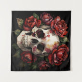Tenture Crâne avec Roses Rouges sur Noir (Devant (Horizontal))