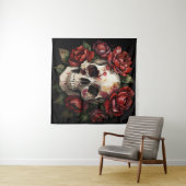 Tenture Crâne avec Roses Rouges sur Noir (En situation (horizontale))