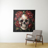 Tenture Crâne avec Roses Rouges sur Noir (En situation)