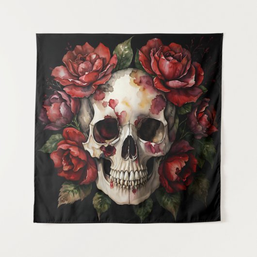 Tenture Crâne avec Roses Rouges sur Noir (Devant)