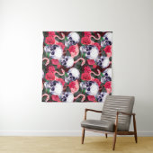 Tenture Crâne humain avec flamants et fleurs de rose rouge (En situation (horizontale))