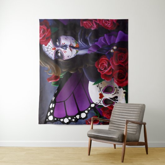 Tenture Crâne sucre Roses rouges pourpre (En situation)