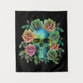 TENTURE CRÂNE VERT DE LA MORT AVEC FLEURS (Devant)
