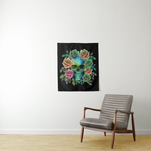TENTURE CRÂNE VERT DE LA MORT AVEC FLEURS (En situation)