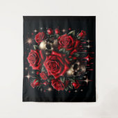 Tenture Crânes d'or et roses rouges étincelante gothique (Devant)