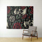 Tenture Crânes & Roses Rouges Floral Gothique (En situation (horizontale))