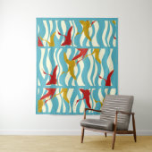 TENTURE CRANES ROUGES JAUNES VOLANT SUR DES VAGUES BLANCHE (En situation)