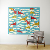 TENTURE CRANES ROUGES JAUNES VOLANT SUR DES VAGUES BLANCHE (En situation (horizontale))