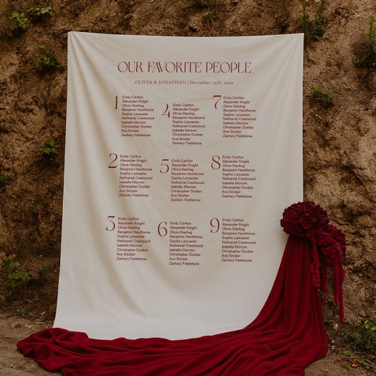 Tenture Cream and Maroon Wedding Seating Chart Fabric