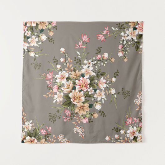Tenture Crème, fleurs roses sur gris. (Devant)