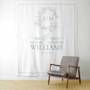 Tenture Crest Monogrammé de Mariage aux Feuilles Bleues Po