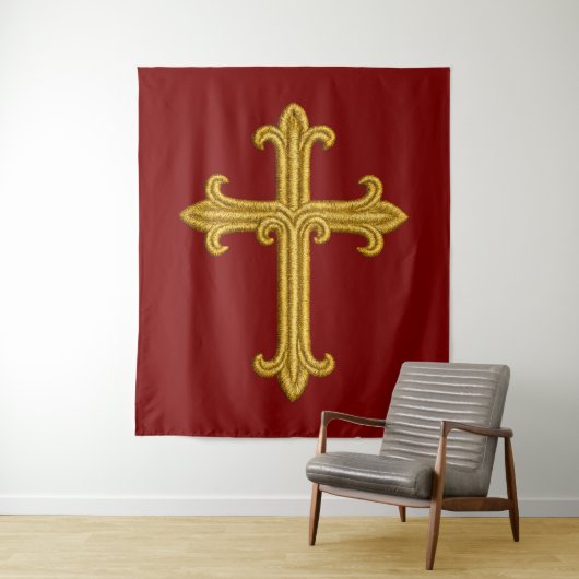 Tenture Croix à l'aspect brodé d'or sur toute couleur (En situation)
