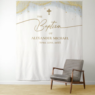Tenture Croix d'or bleu moderne Baptême garçon