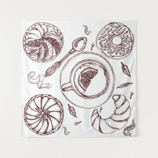 Tenture Cup of tea, a pastry, croissant, vintage, hand