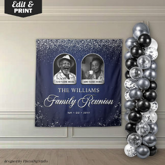 Tenture Custom Family Reunion Banner, 2 Photo Blue Silver 
