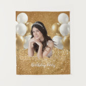 Tenture Custom Photo Birthday Backdrop,  gold & white (Devant)