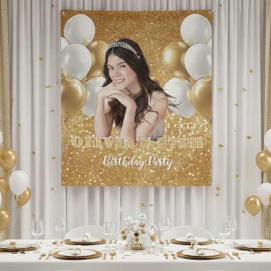 Tenture Custom Photo Birthday Backdrop,  gold & white