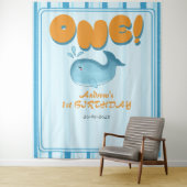 Tenture Cute Baby Blue Whale 1st Birthday Backdrop (En situation)