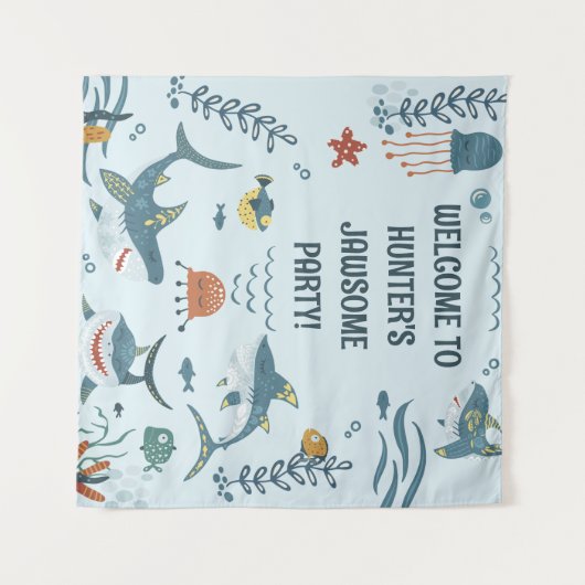 Tenture Cute Blue Shark's Birthday Welcome Tapestry (Devant (Horizontal))