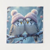 Tenture Cute budgies with bobble hats on a branch (Devant)