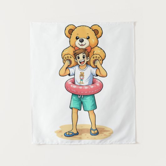 Tenture Cute Cartoon Man with Giant Teddy Bear Summer Fun (Devant)