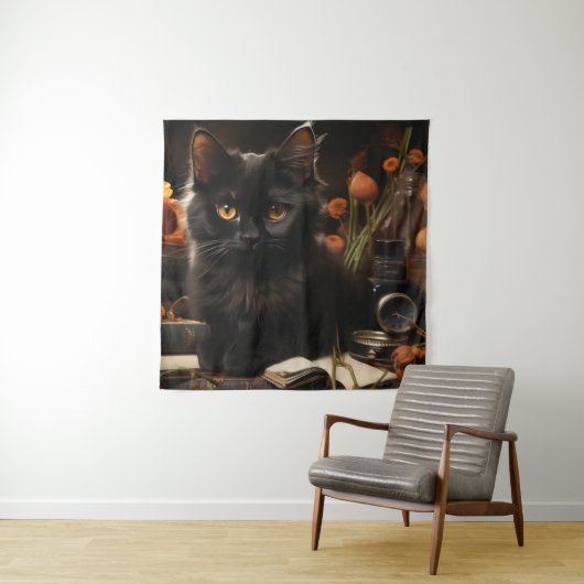 Tenture Cute Chat noir et Fleurs (En situation)