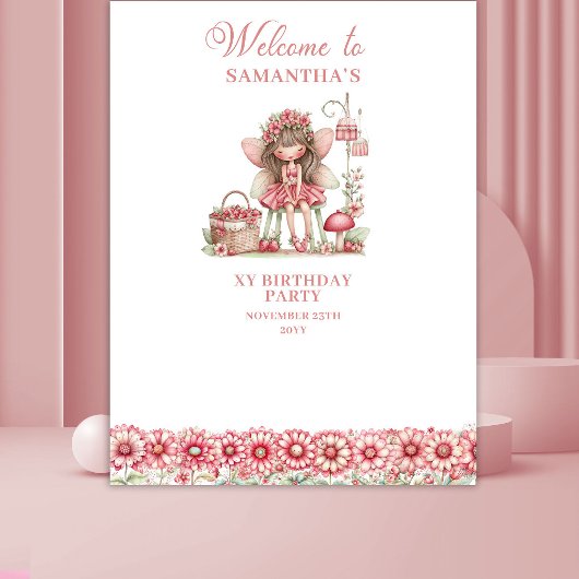 Tenture Cute Fairy Floral Pink Whimsy 5 Birthday Backdrop