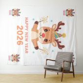 Tenture cute funny reindeer happy new year party backdrop (En situation (horizontale))