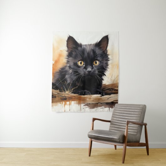 Tenture Cute noir Chat aquarelle Art (En situation)