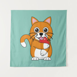 Tenture Cute Orange Blanc Chat Manger Rouge Pomme Carton