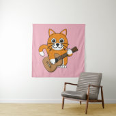 Tenture Cute Orange Chat Blanc Jouer Caricature Guitare (En situation)