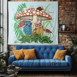 Tenture Cute Owl Famille Champignons Pluie