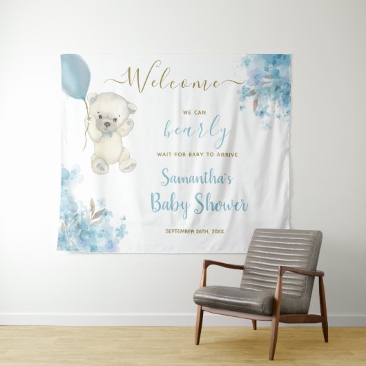 Tenture Cute Teddy Bear Boy Baby shower Affiche de bienven (En situation (horizontale))