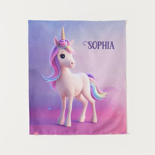 Tenture Cute Unicorne Blanche Avec Rose & Bleu Mane (Devant)