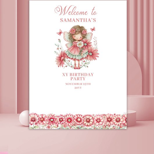 Tenture Cute Whimsy Fairy Floral Pink 2 Birthday Backdrop
