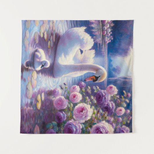 Tenture Cygnet blanc avec Roses violets (Devant (Horizontal))