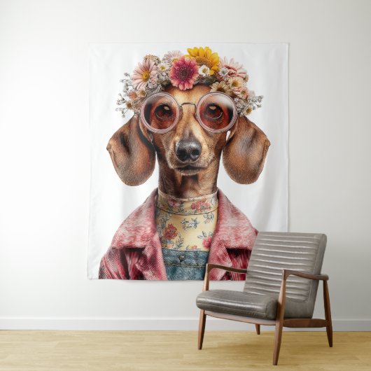 Tenture Dachshund Floral de Style Vintage (En situation)