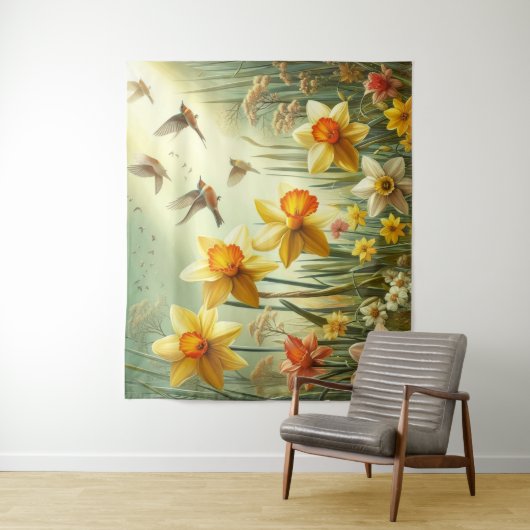 Tenture Daffodiles et oiseaux (En situation)