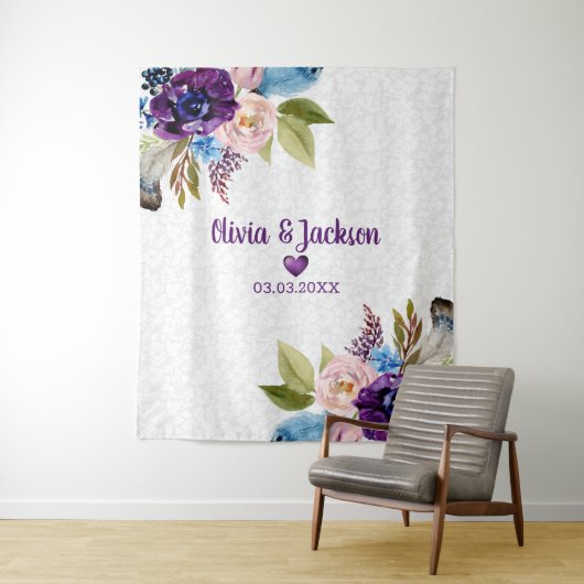 Tenture Damas Blanches Et Fleurs Aquarelles (En situation)