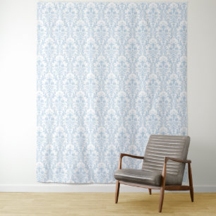 Tenture Damassé bleu poudre sur fond floral blanc tourbill