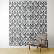 Damassé noir sur fond floral blanc chic et élégant