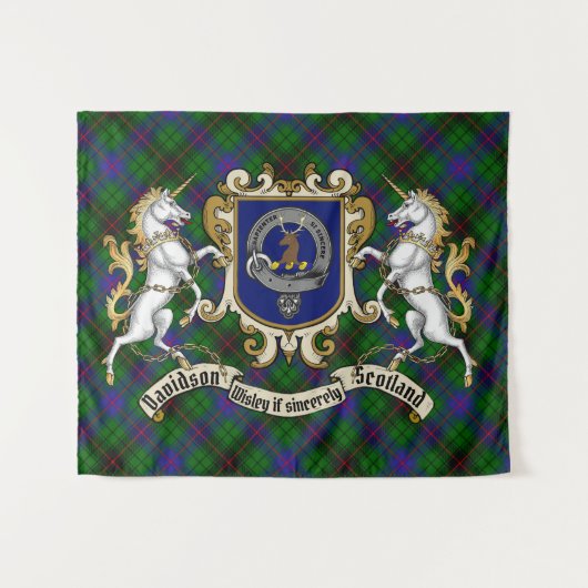 Tenture Davidson Clan Badge & Unicorns avec Tartan (Devant (Horizontal))