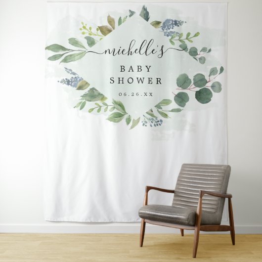 Tenture Décor Baby shower bleu Dusty Eucalyptus (En situation)