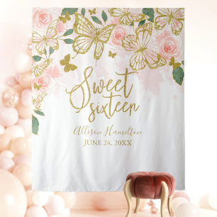 Tenture Décor floral papillons roses Sweet 16
