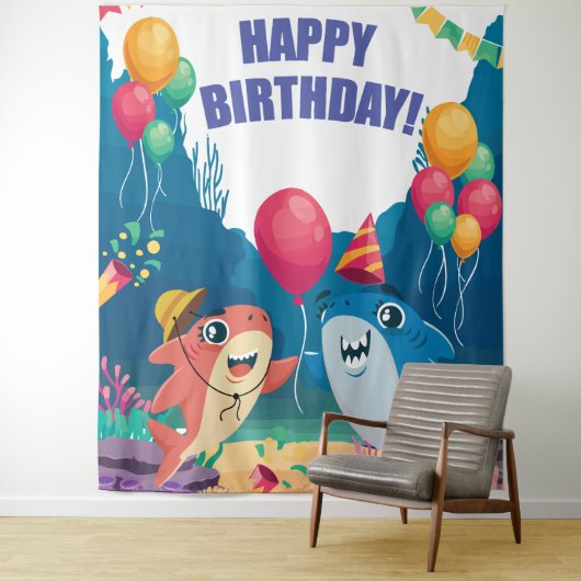 Tenture Décoration de fête d'anniversaire de requin Banniè (En situation)