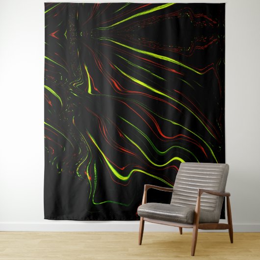 Tenture Des traces ondulées vertes et rouges sur fond noir (En situation)