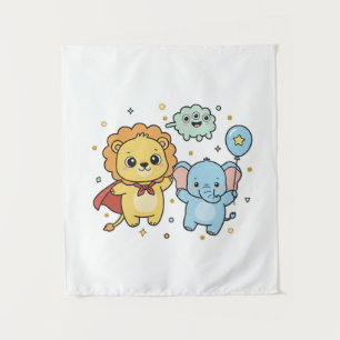 Tenture Dessin animé de lion et d'éléphant amis super-héro