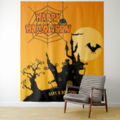 Tenture Dessin Haunted Mansion Halloween sur fond de fête  (En situation)